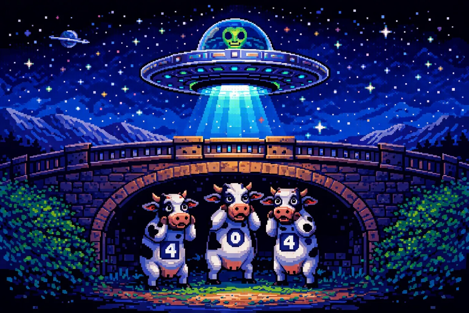 Alien saucer flying above a bridge with three cows standing on their hind legs, hiding under the bridge. The cow on the left has a 4 on its chest, the middle a 0, and the right a 4.